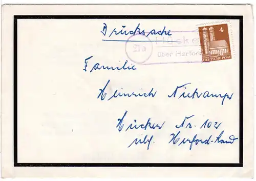 BRD 1951, Landpoststpl. 21a HÜCKER über Herford auf Trauer Brief m. 4 Pf. Bauten