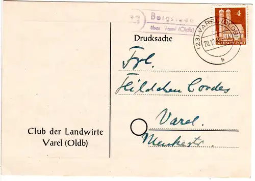 1949, Landpoststpl. 23 BERGSTEDE über Varel auf Karte m. 4 Pf. Bauten