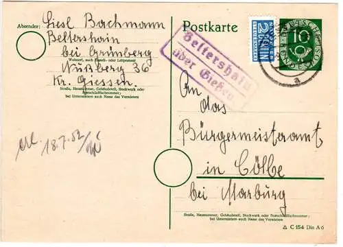 BRD 1952, Landpost Stpl. BELTERSHAIN über Giessen auf 10 Pf. Ganzsache 