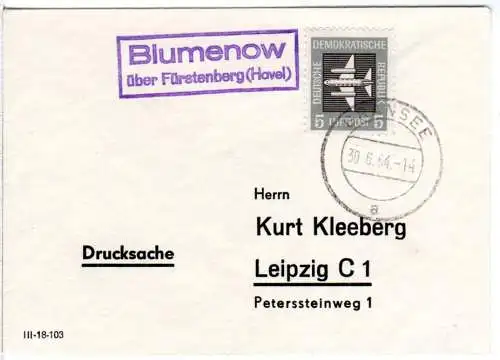 DDR 1964, Landpost Stpl. Blumenow über Fürstenberg auf Ducksache Brief m. 5 Pf.