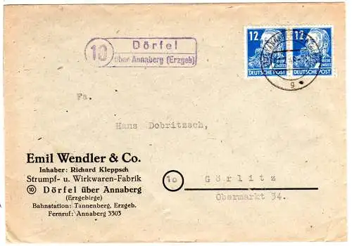 DDR 1949, Landpost Stpl. 10 DÖRFEL über Annaberg auf Firmen Brief m. 2x12 Pf.