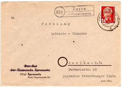 DDR 1951, Landpost Stpl. 10a ZERRE über Hoyerswerda auf Brief m. 24 Pf.