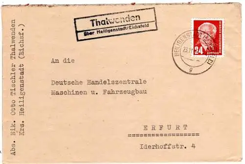 DDR 1953, Landpost Stpl. THALWENDEN über Heiligenstadt auf Brief m. 24 Pf.