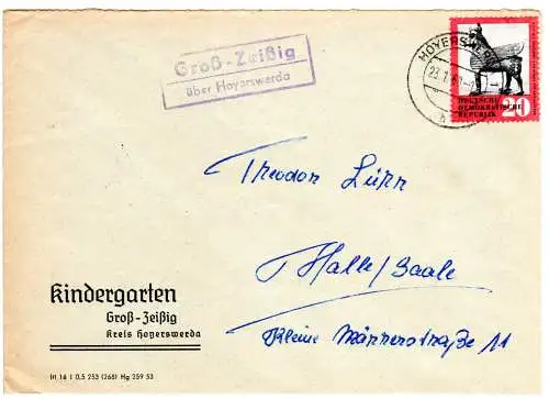 DDR 1960, Landpost Stpl. GROSS-ZEISIG über Hoyerswerda auf Brief m. 20 Pf. 