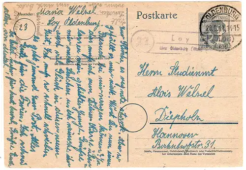 1948, Landpost Stpl. 23 LOY über Oldenburg auf 12 Pf. Ganzsache
