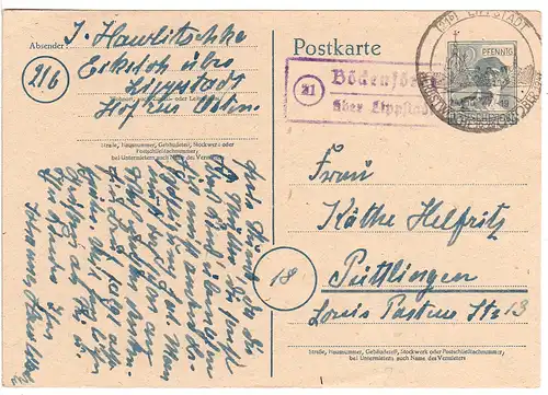 1947, Landpost Stpl. 21 BÖCKENFÖRDE über Lippstadt auf 12 Pf. Ganzsache