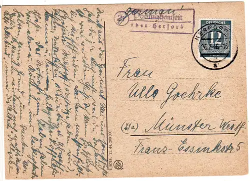 1946, Landpost Stpl. PODINGHAUSEN über Herford auf Karte m. 12 Pf. n. Münster.