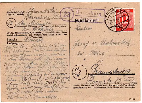 1946, Landpost Stpl. 23 BARENBURG über Sulingen auf Karte m. 12 Pf. 