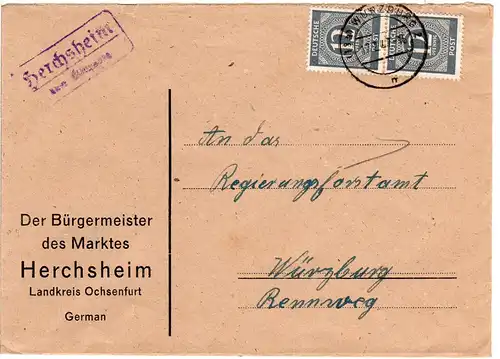 1947, Landpost Stpl. HERCHSHEIM über Würzburg auf Bürgermeister Brief m. 2x12 Pf