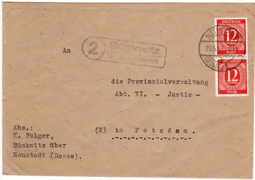 1946, Landpost Stpl. 2 BÜCKWITZ über Neustadt (Dosse) auf Brief m. 2x12 Pf