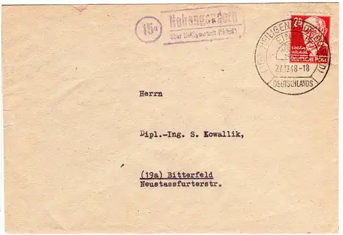 1948, Landpost Stpl. 15a HOHENGANDERN über Heiligenstadt auf Brief m. 24 Pf