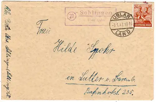 1947, Landpost Stpl. 20 SOHLINGEN über Uslar auf Brief m. 24 Pf. 