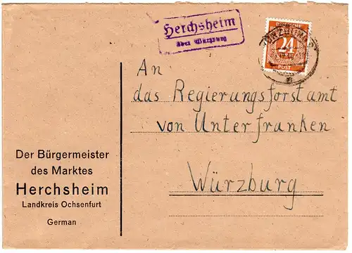 1948, Landpost Stpl. HERCHSHEIM über Würzburg auf Bürgermeister Brief m. 24 Pf