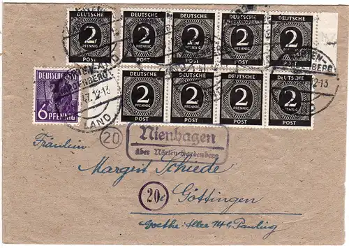 1947, Landpost Stpl. NIENHAGEN über Nörten-Hardenberg auf Brief m. 10 Marken