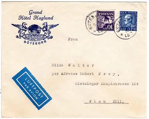 Schweden 1938, 10+30 öre auf Hotel Luftpost Brief v. Göteborg n. Österreich
