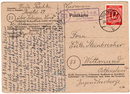1946, Landpost Stpl. 23 BOCKHOP über Sulingen auf Karte m. 12 Pf. n. Wittmund