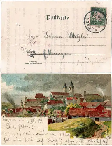 Bayern 1899, Aushilfsstpl. ETTRINGEN als Ankunftstpl. auf Litho-AK v. Freising