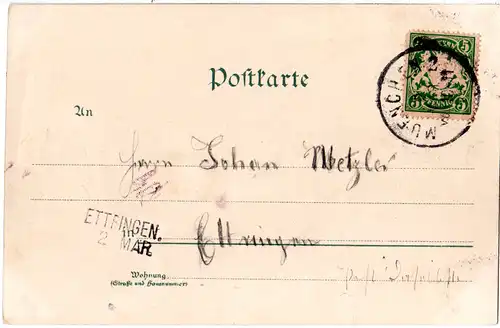 Bayern 1899, Aushilfsstpl. ETTRINGEN als Ankunftstpl. auf Litho-AK v. Freising
