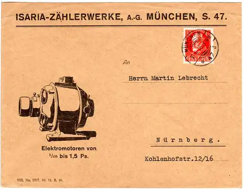 Bayern 1916, 10 Pf. auf illustriertem Isaria Zählerwerke Umschlag v. München