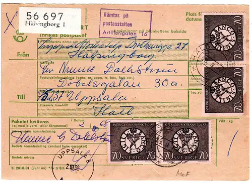 Schweden 1968, MeF 4x70 öre Riksbank auf Paketkarte v. Hälsingborg