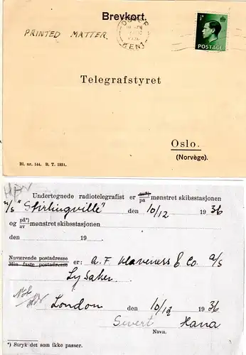 GB 1936, 1/2d auf Norwegen Radiotelegrafist Karte Schiff M/S Stirlingville