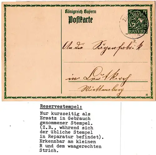 Bayern 1913, Reservestpl. DINKELSCHERBEN R auf Karte m. 5 Pf. v. Oberschöneberg