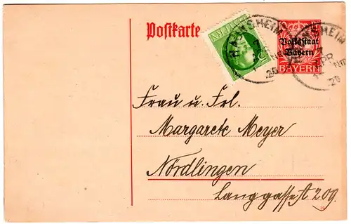 Bayern 1920, 5 Pf. auf 10 Pf. Volksstaat Ganzsache m. K1 HAUNSHEIM (b. Lauingen)