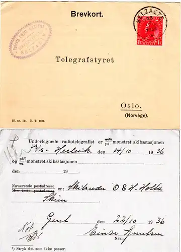 Belgien 1936, 1 F. auf Norwegen Radiotelegrafist Karte Schiff S/S Herleik