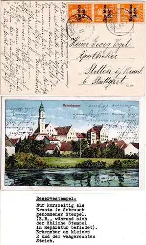 Babenhausen, 1920 gebr. Künstler-AK m. 3x10 Pf. u. Reservestpl. BABENMHAUSEN R