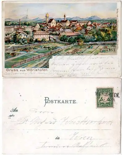 Gruss aus Wörishofen, Litho-AK m. 5 Pf. u. L2-Aushilfsstpl. WOERISHOFEN