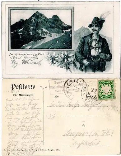 Bayern 1907, Posthilfstelle PRINZ-LUITPOLD-HAUS Taxe Oberdorf auf AK m. 5 Pf.