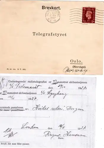 GB 1937, 1 1/2d auf Norwegen Radiotelegrafist Karte Schiff M/S Lynghaug