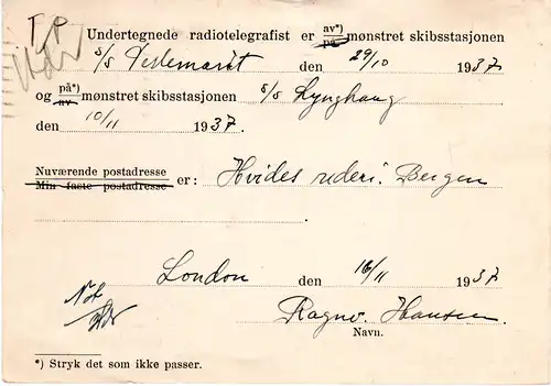 GB 1937, 1 1/2d auf Norwegen Radiotelegrafist Karte Schiff M/S Lynghaug