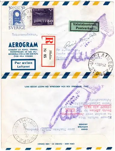 Schweden 1952, 30+50 öre auf Reko-retour Aerogramm v. HULAN n. Australien