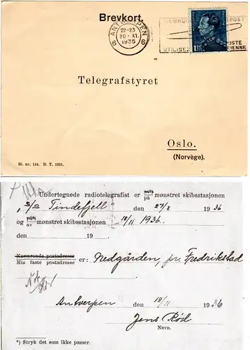 Belgien 1936, 1.75 Fr. auf Norwegen Radiotelegrafist Karte Schiff S/S Tindefjell