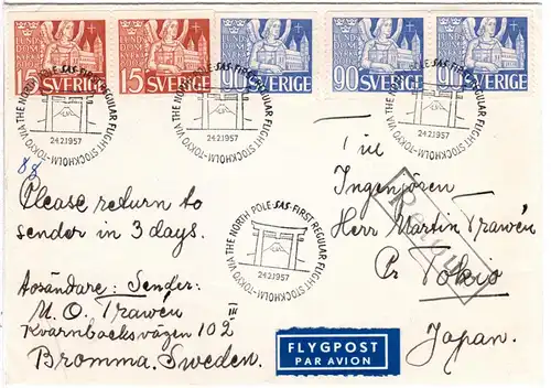 Schweden 1957, 3x90+2x15 öre auf Flug Brief v. Stockholm  n. Tokio, Japan.