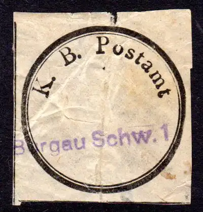 Bayern, K.B. Postamt Verschluss-Siegel m. blauem L1 BURGAU SCHW. 1