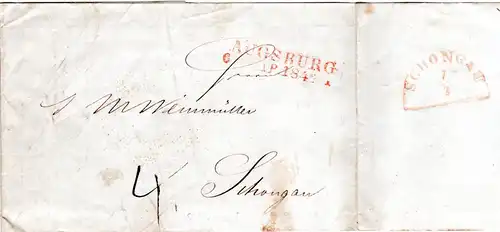 Bayern 1846, L2 Augsburg auf Porto Brief m. rücks. rotem HKS SCHONGAU