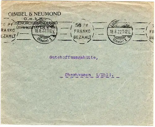 DR 1922, 50 Pf. Bayern Maschinen-Freistempel auf Firmenbrief v. Ludwigsburg.