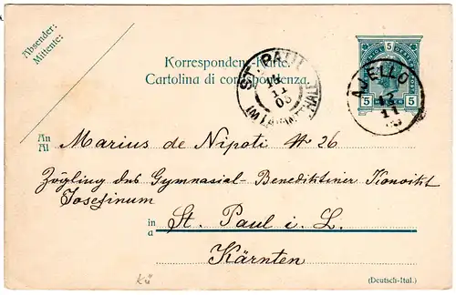 Österreich 1905, Küstenland-K1 AJELLO auf 5 H. Ganzsache n. St. Paul Lavantthale