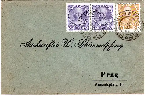 Österreich 1908, 6+Paar 2 H. auf Brief m. 2-sprachigem K2 TREMLES STRMILOV
