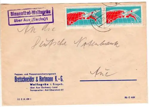 DDR 1961, Landpost Stpl. BLAUENTHAL-WOLFSGRÜN über Aue 1 auf Brief m. 2x10 Pf.