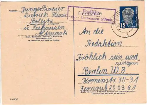 DDR 1955, Landpost Stpl. POLLITZ über Seehausen auf 12 Pf. Ganzsache.