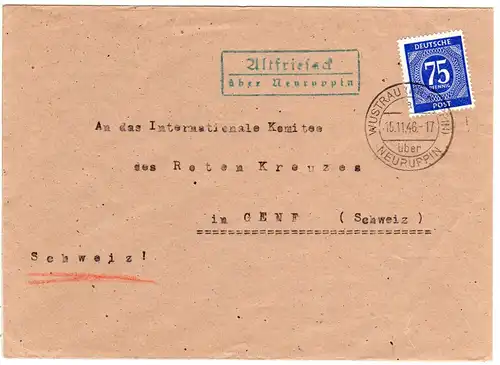 1946, Landpost Stpl. ALTFRIESACK über Neuruppin auf Brief i.d. Schweiz m. 75 Pf.