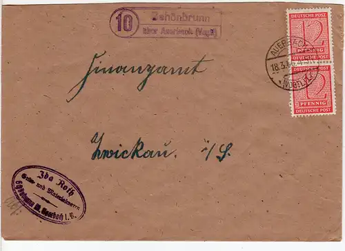 SBZ 1946, Landpost Stpl. SCHÖNBRUNN über Auerbach auf Firmen Brief m. 2x12 Pf.