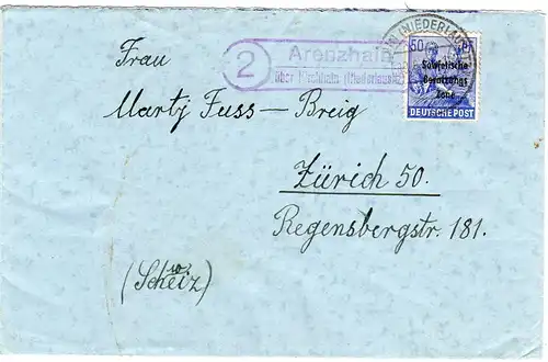 SBZ 1948, Landpost Stpl. 2 ARENZHAIN über Kirchhain auf Brief m. 50 Pf. i.d. CH
