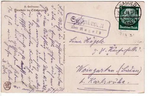 DR 1934, Landpost Stpl. SCHÖNBRONN über Nagold auf Karte m. 6 Pf. 