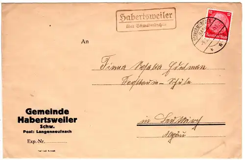 DR 1937, Landpost Stpl. HABERTSWEILER über Schwabmünchen auf Gemeinde Brief