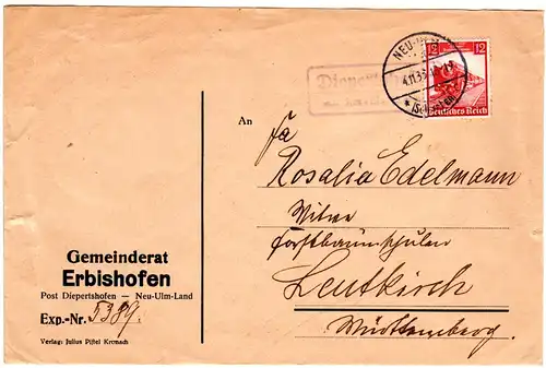 DR 1936, Landpost Stpl. DIEPERTSHOFEN über Neu-Ulm auf Erbishofen Gemeinde Brief