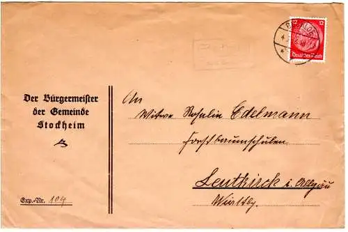 DR 1936, Landpost Stpl. STOCKHEIM über Buchloe auf Bürgermeister Brief m. 12 Pf.